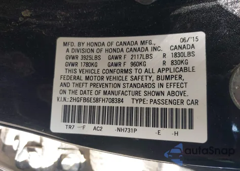 2015 Honda Civic Si from USA, damaged, VIN 2HGFB6E58FH708384